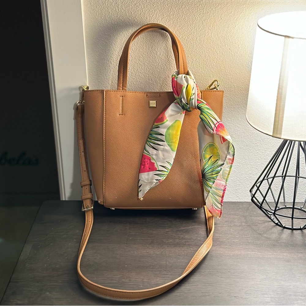 Tan Leather Crossbody with Decorative Scarf